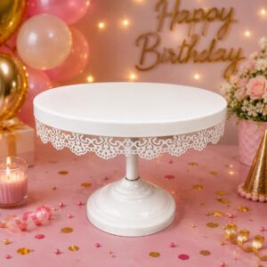 White Metal Cake Stand with Decorative Floral Border | Elegant Dessert Display Stand for Birthday, Wedding & Party Decor