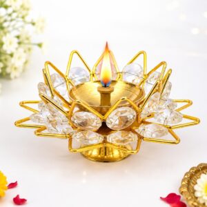 Crystal Lotus Diya – Gold Metal Tealight Candle Holder for Home & Pooja