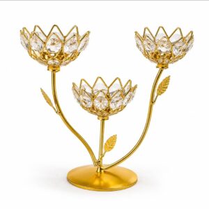 Crystal Lotus Metal Tealight Candle Holder – 3 Cup Decorative Diya Stand