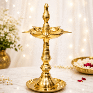 Traditional Brass Finish Metal Diya Stand – Pooja Oil Lamp for Home & Temple