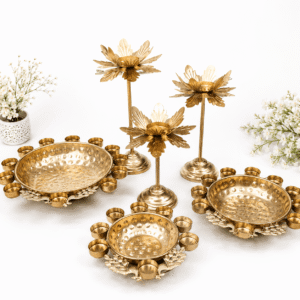 Gold Metal Urli Bowl & Lotus Candle Stand Set – Decorative Diwali & Home Décor